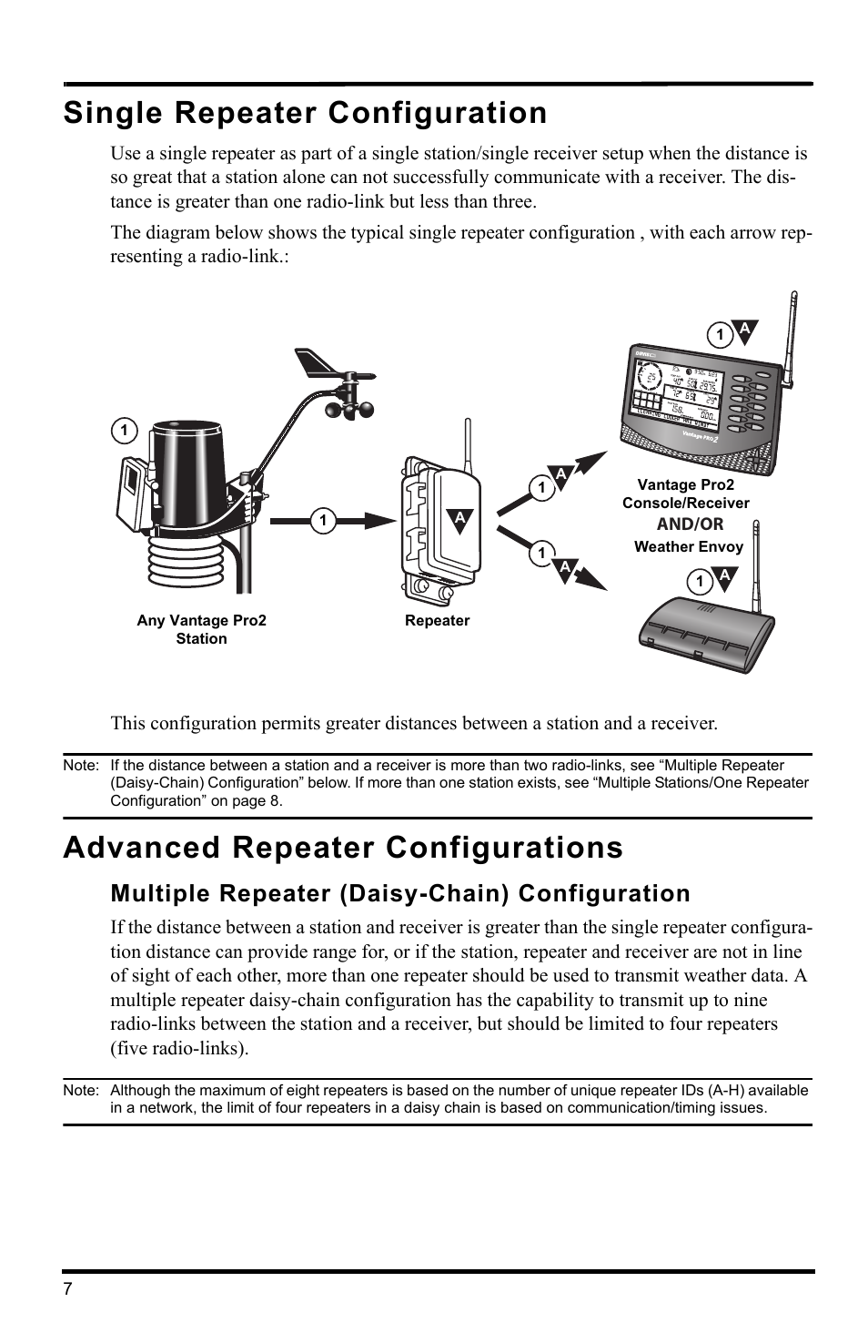 Single repeater configuration, Advanced repeater configurations, Multiple repeater (daisy-chain) configuration | DAVIS Wireless Repeater (7626, 7627) User Manual | Page 10 / 48