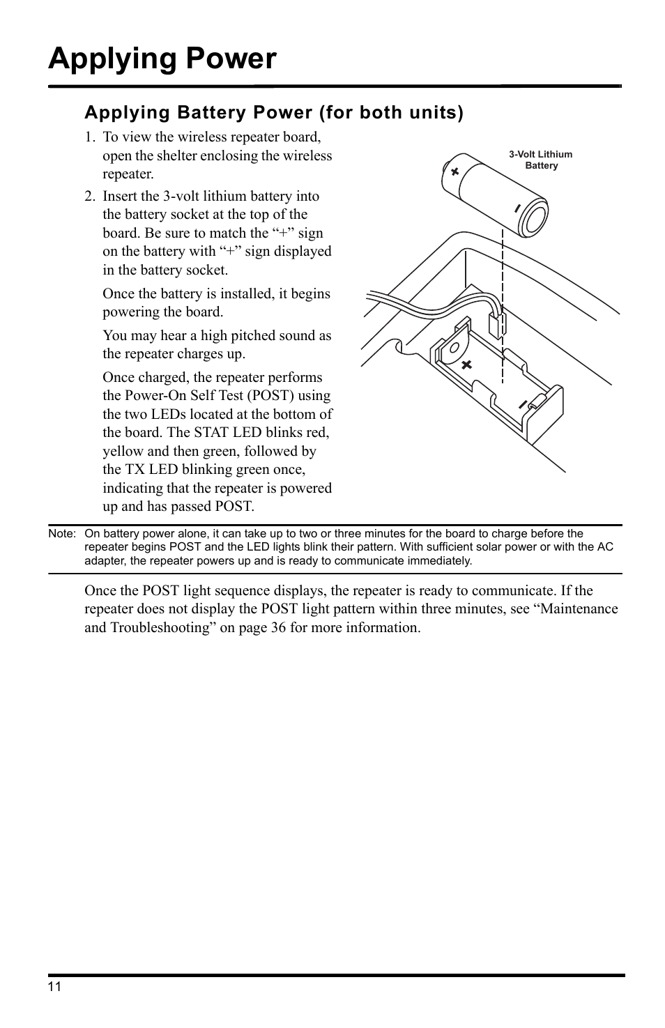 Applying power, Applying battery power (for both units) | DAVIS Wireless Repeater (7626, 7627) User Manual | Page 14 / 48