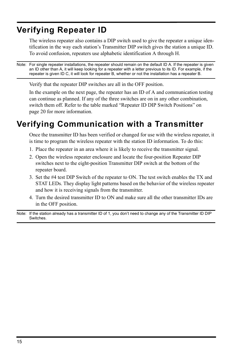 Verifying repeater id, Verifying communication with a transmitter | DAVIS Wireless Repeater (7626, 7627) User Manual | Page 18 / 48