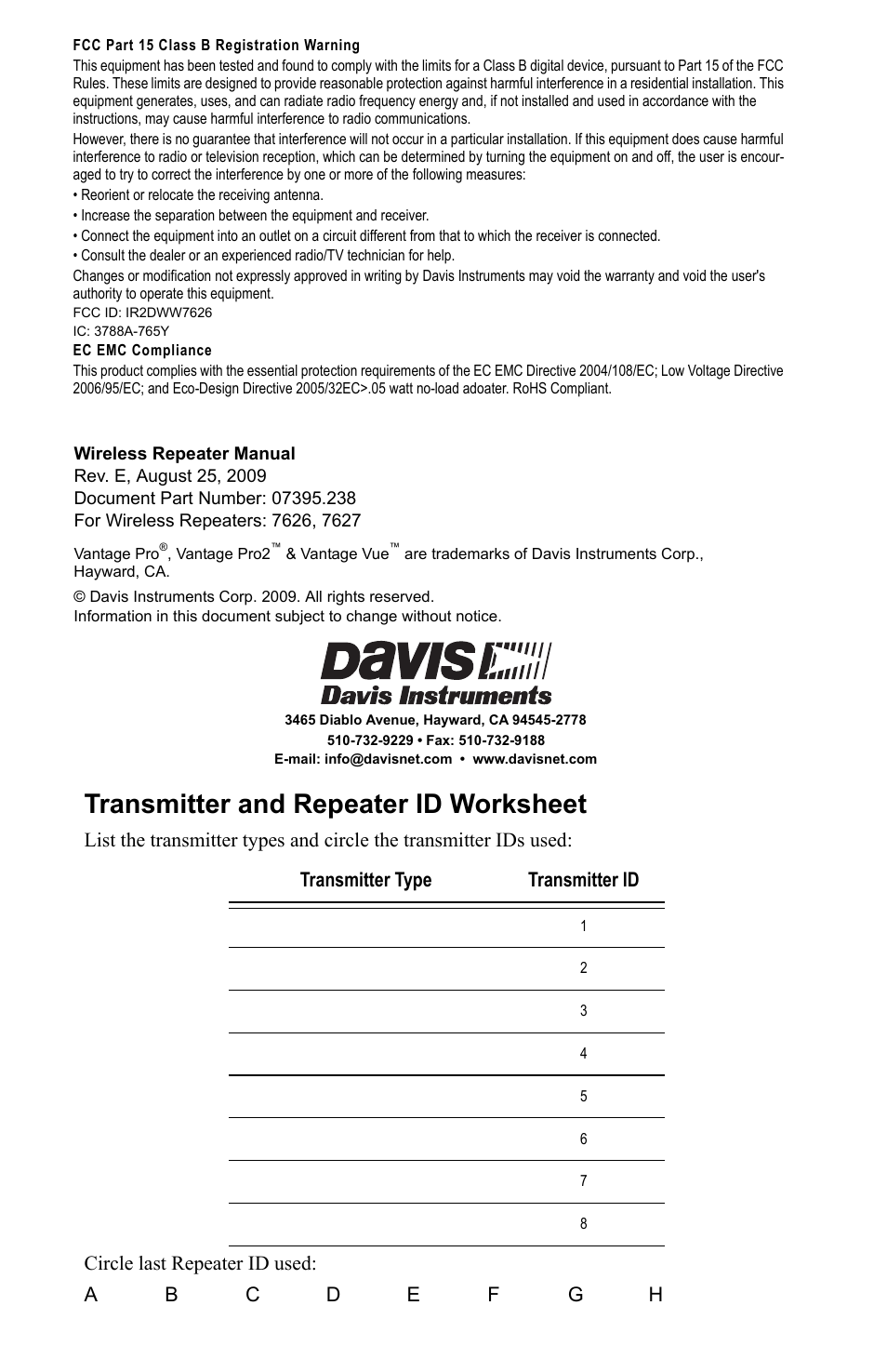 Transmitter and repeater id worksheet | DAVIS Wireless Repeater (7626, 7627) User Manual | Page 2 / 48