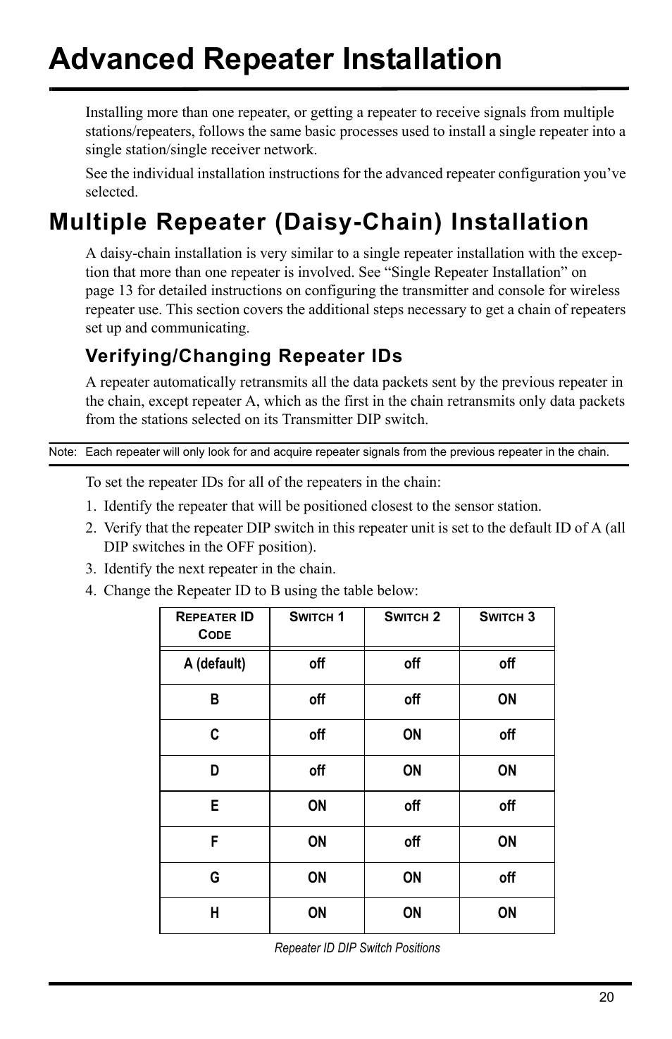 Advanced repeater installation, Multiple repeater (daisy-chain) installation, Verifying/changing repeater ids | DAVIS Wireless Repeater (7626, 7627) User Manual | Page 23 / 48