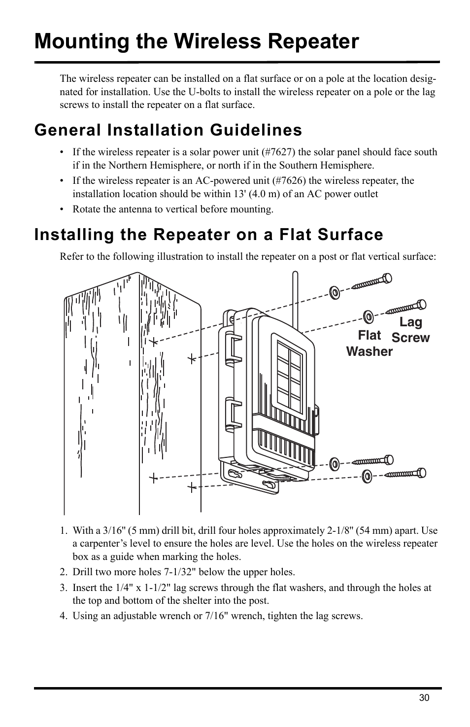 Mounting the wireless repeater, General installation guidelines, Installing the repeater on a flat surface | DAVIS Wireless Repeater (7626, 7627) User Manual | Page 33 / 48