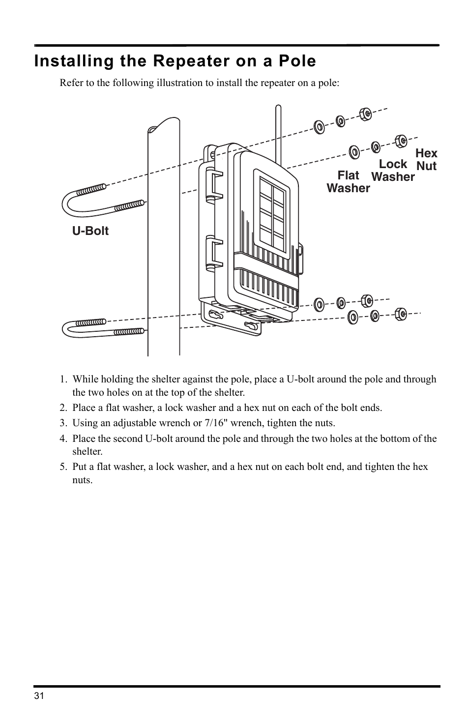 Installing the repeater on a pole | DAVIS Wireless Repeater (7626, 7627) User Manual | Page 34 / 48
