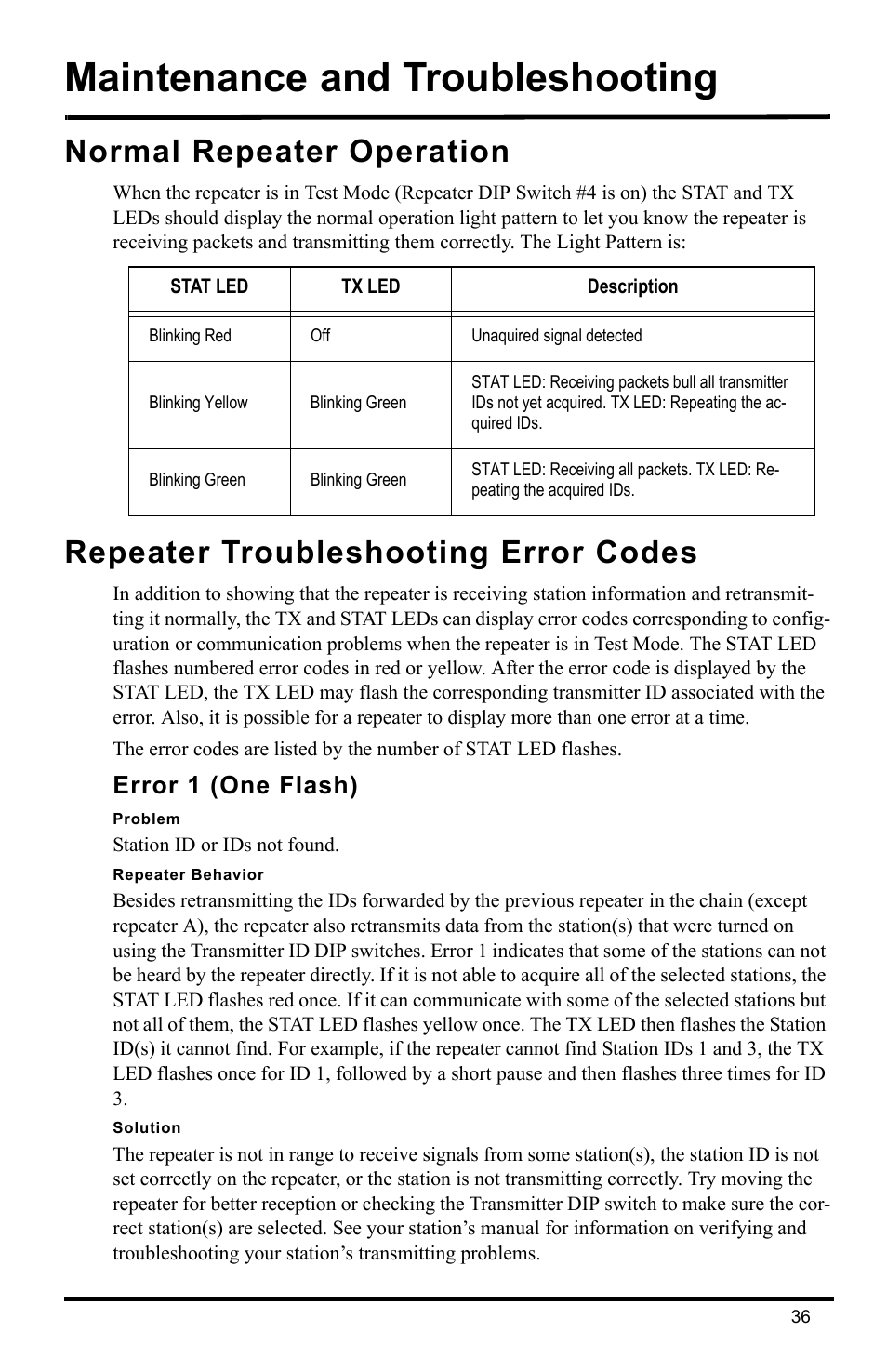 Maintenance and troubleshooting, Normal repeater operation, Repeater troubleshooting error codes | Error 1 (one flash) | DAVIS Wireless Repeater (7626, 7627) User Manual | Page 39 / 48