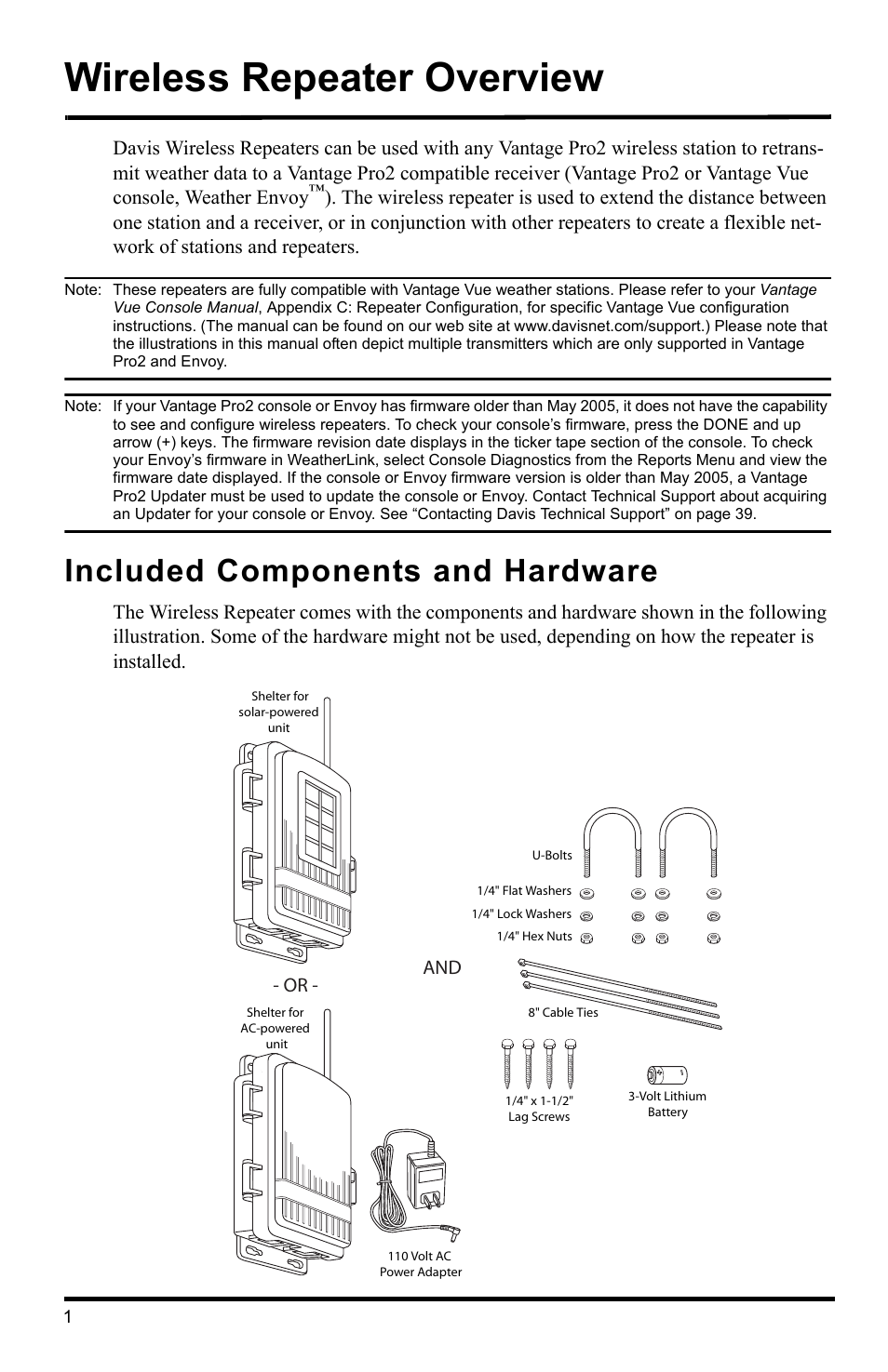 Wireless repeater overview, Included components and hardware, Or - and | DAVIS Wireless Repeater (7626, 7627) User Manual | Page 4 / 48