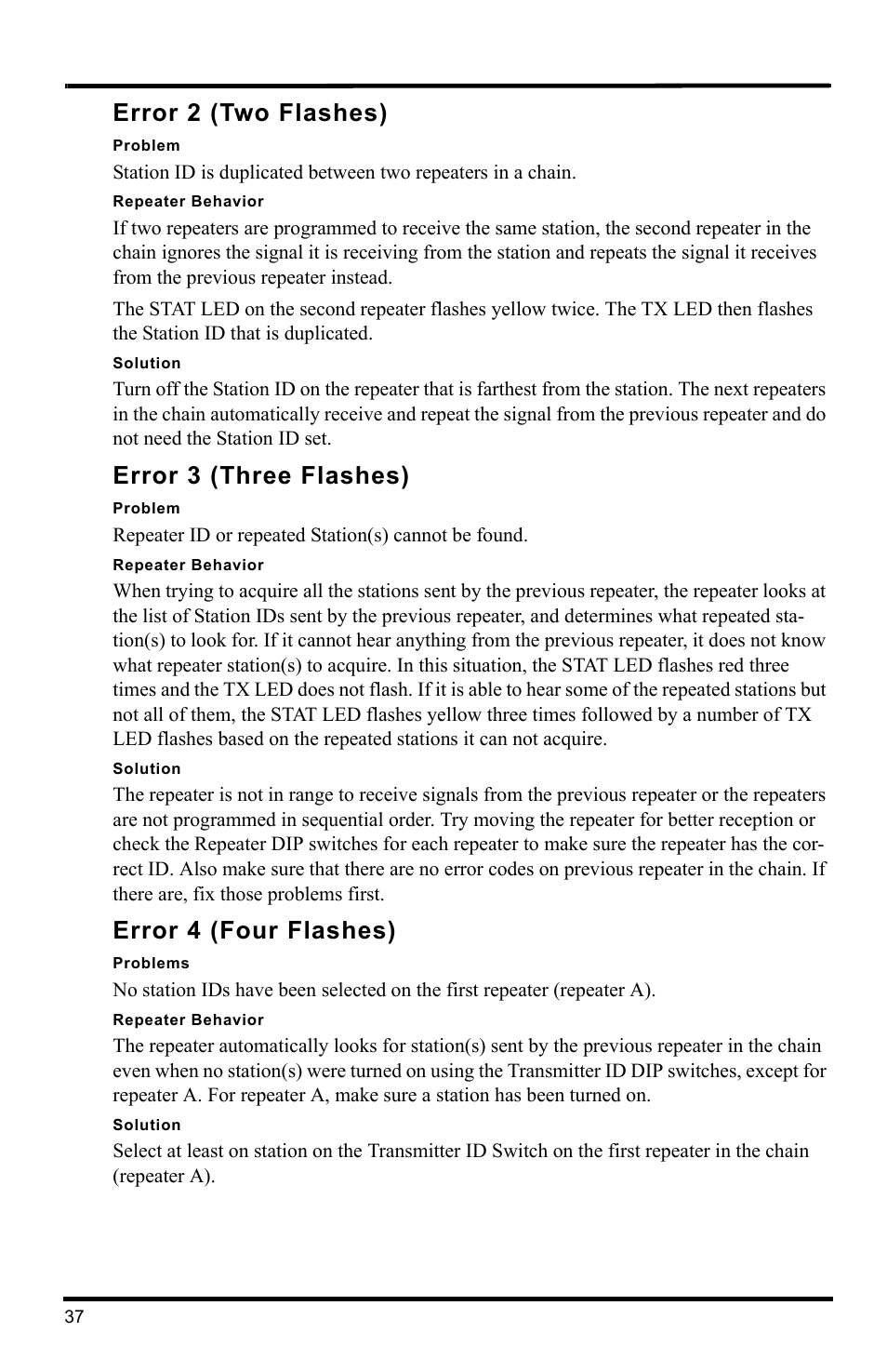 Error 2 (two flashes), Error 3 (three flashes), Error 4 (four flashes) | DAVIS Wireless Repeater (7626, 7627) User Manual | Page 40 / 48