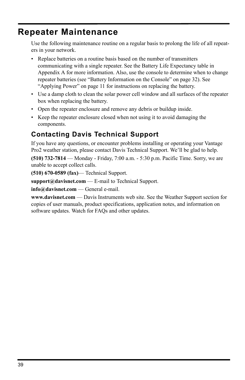 Repeater maintenance, Contacting davis technical support | DAVIS Wireless Repeater (7626, 7627) User Manual | Page 42 / 48