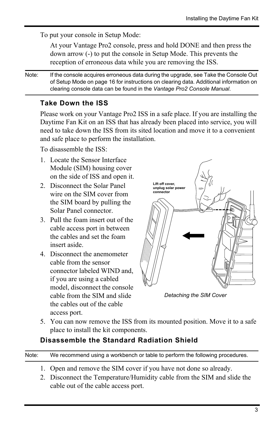 Take down the iss, Detaching the sim cover, Disassemble the standard radiation shield | DAVIS Vantage Pro2/Pro2 Plus: Daytime Fan Asp. Radiation Shield Kit User Manual | Page 3 / 16