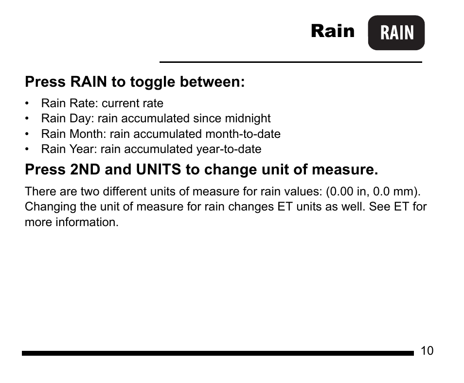 Setup mode, Rain | DAVIS Vantage Vue Quick Reference Guide User Manual | Page 11 / 28