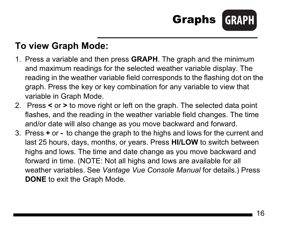 Setup mode, Graphs | DAVIS Vantage Vue Quick Reference Guide User Manual | Page 17 / 28