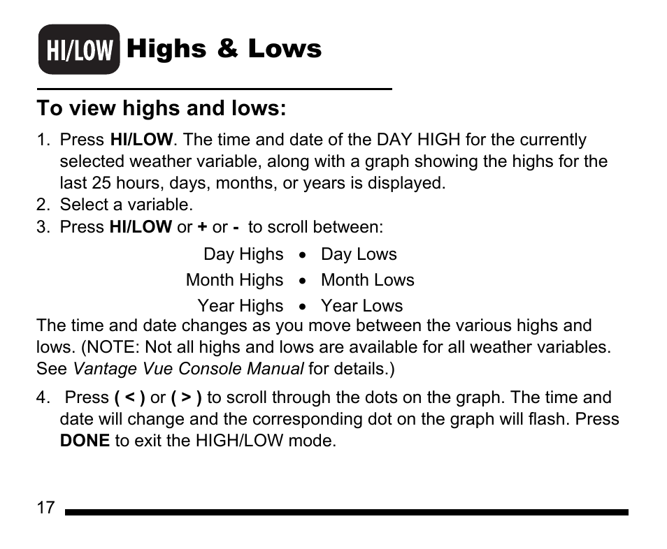 Select a variable, Press hi/low or + or - to scroll between, Highs & lows | DAVIS Vantage Vue Quick Reference Guide User Manual | Page 18 / 28
