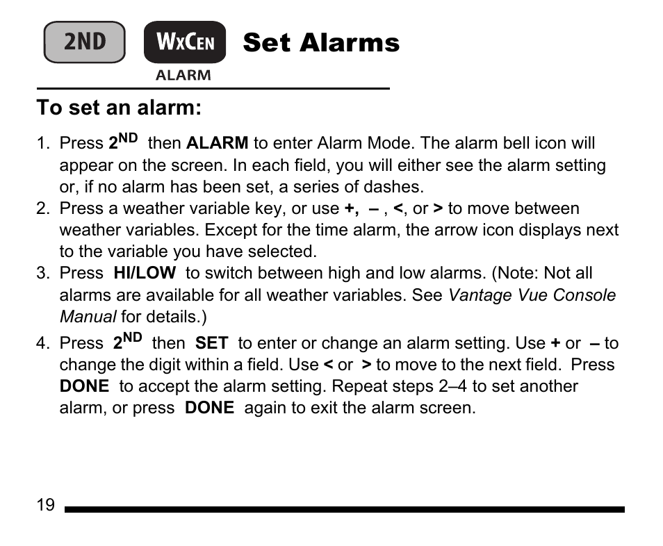 Set alarms | DAVIS Vantage Vue Quick Reference Guide User Manual | Page 20 / 28