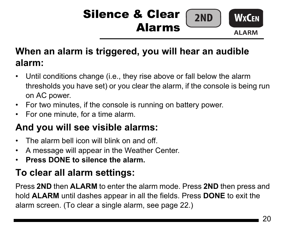 Silence & clear alarms | DAVIS Vantage Vue Quick Reference Guide User Manual | Page 21 / 28