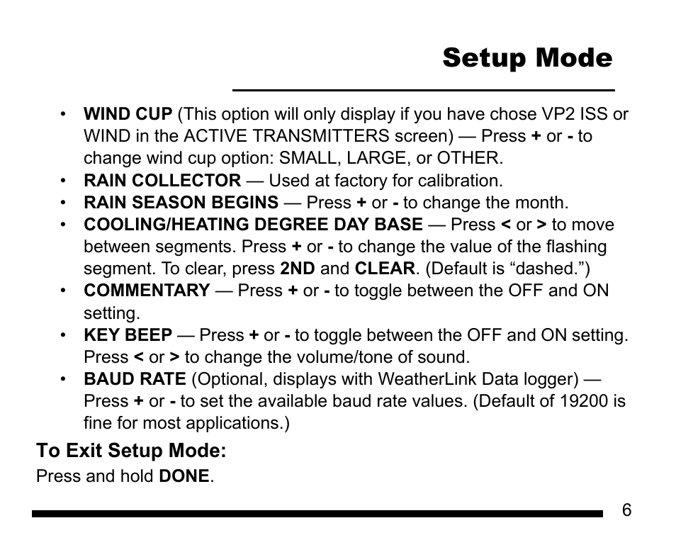 Setup mode | DAVIS Vantage Vue Quick Reference Guide User Manual | Page 7 / 28