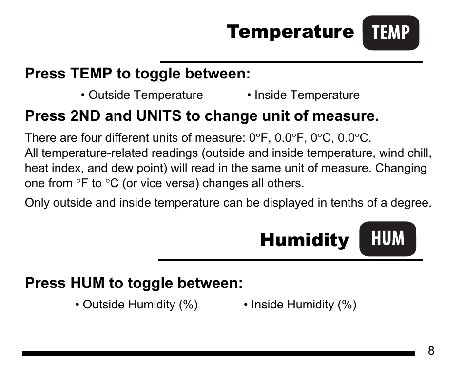 Setup mode, Temperature humidity | DAVIS Vantage Vue Quick Reference Guide User Manual | Page 9 / 28
