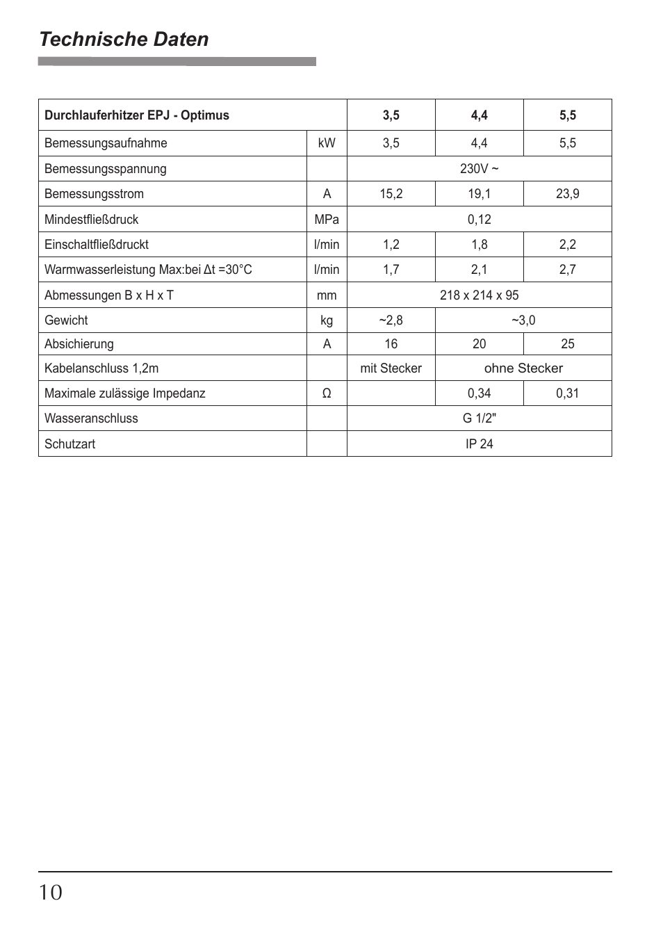 Technische daten | KOSPEL EPJ Optimus User Manual | Page 10 / 32