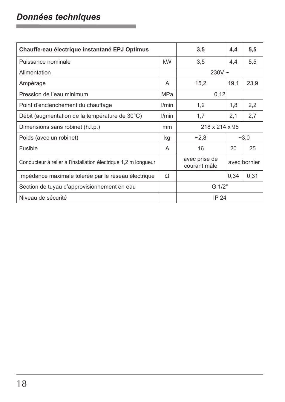 Données techniques | KOSPEL EPJ Optimus User Manual | Page 18 / 32