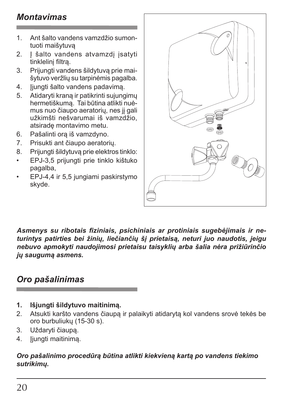 Montavimas, Oro pašalinimas | KOSPEL EPJ Optimus User Manual | Page 20 / 32