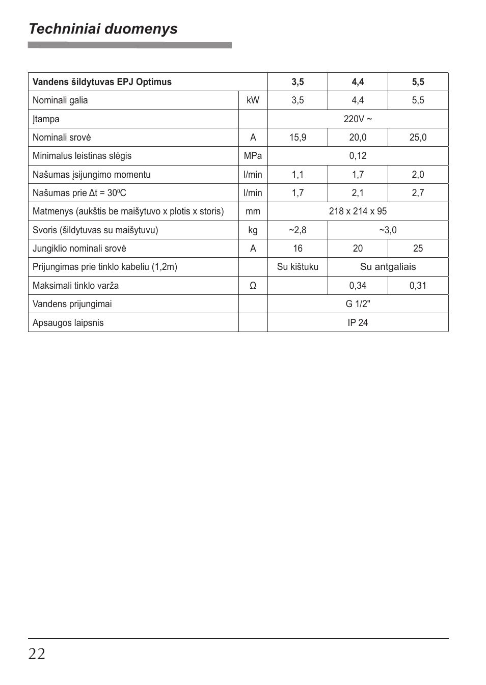 Techniniai duomenys | KOSPEL EPJ Optimus User Manual | Page 22 / 32