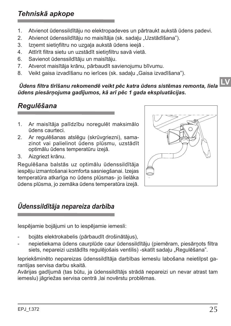 Regulēšana, Tehniskā apkope, Ūdenssildītāja nepareiza darbība | KOSPEL EPJ Optimus User Manual | Page 25 / 32