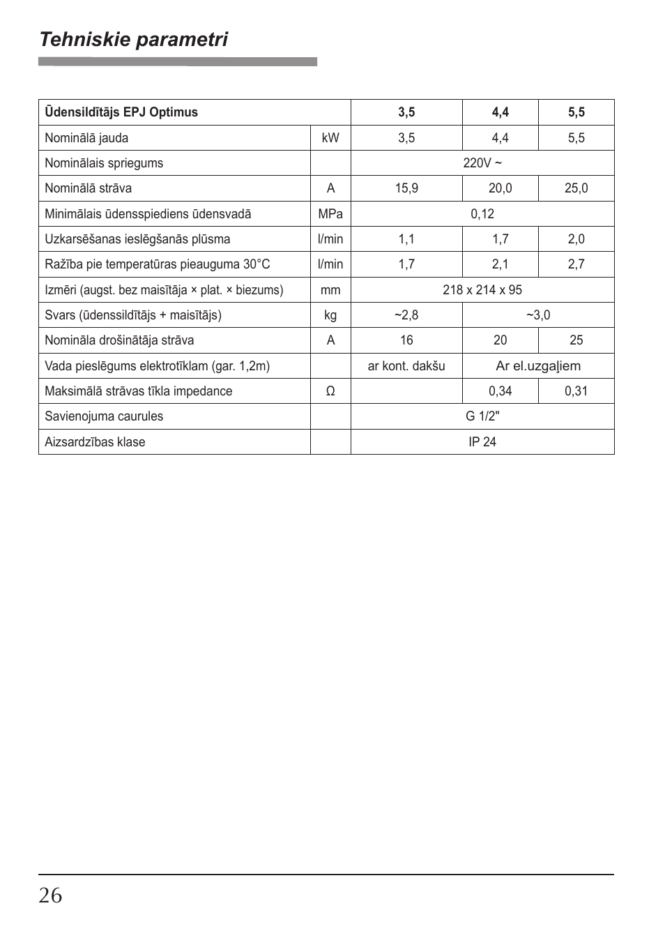 Tehniskie parametri | KOSPEL EPJ Optimus User Manual | Page 26 / 32