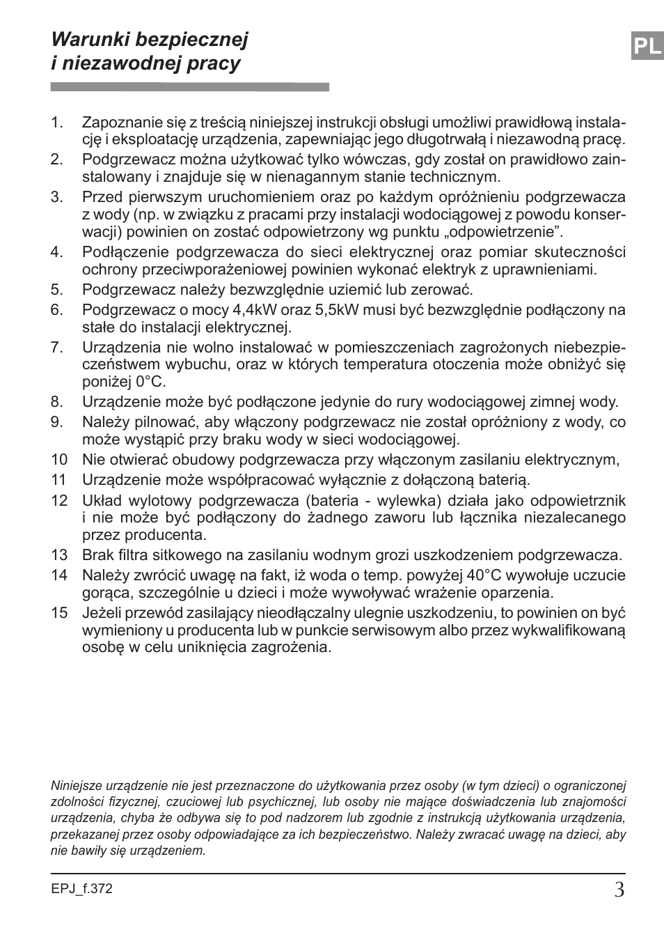 Warunki bezpiecznej i niezawodnej pracy | KOSPEL EPJ Optimus User Manual | Page 3 / 32