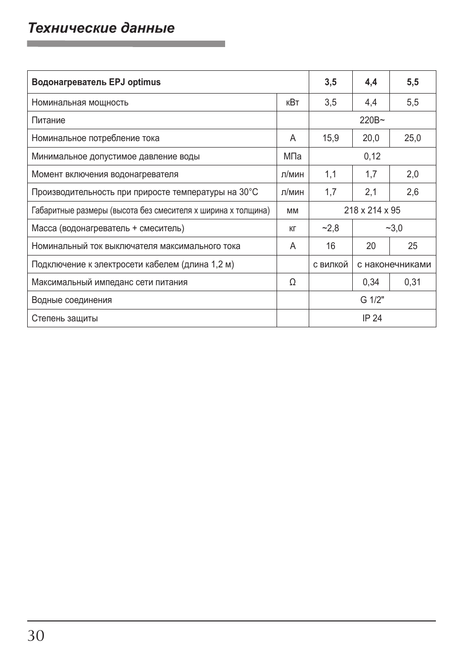 Технические данные | KOSPEL EPJ Optimus User Manual | Page 30 / 32