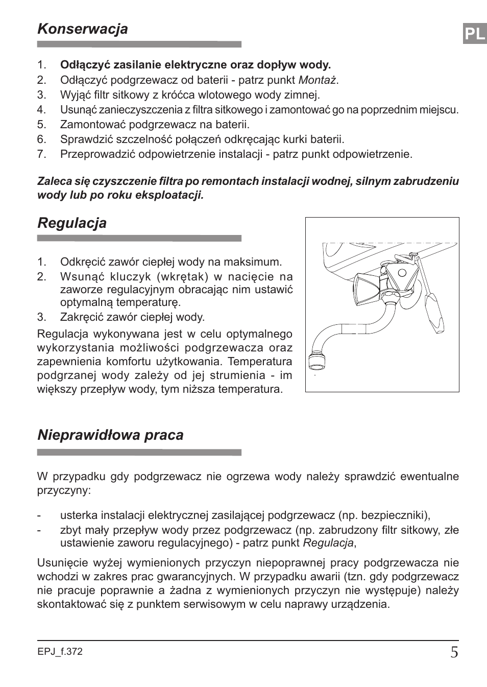 Regulacja, Konserwacja, Nieprawidłowa praca | KOSPEL EPJ Optimus User Manual | Page 5 / 32