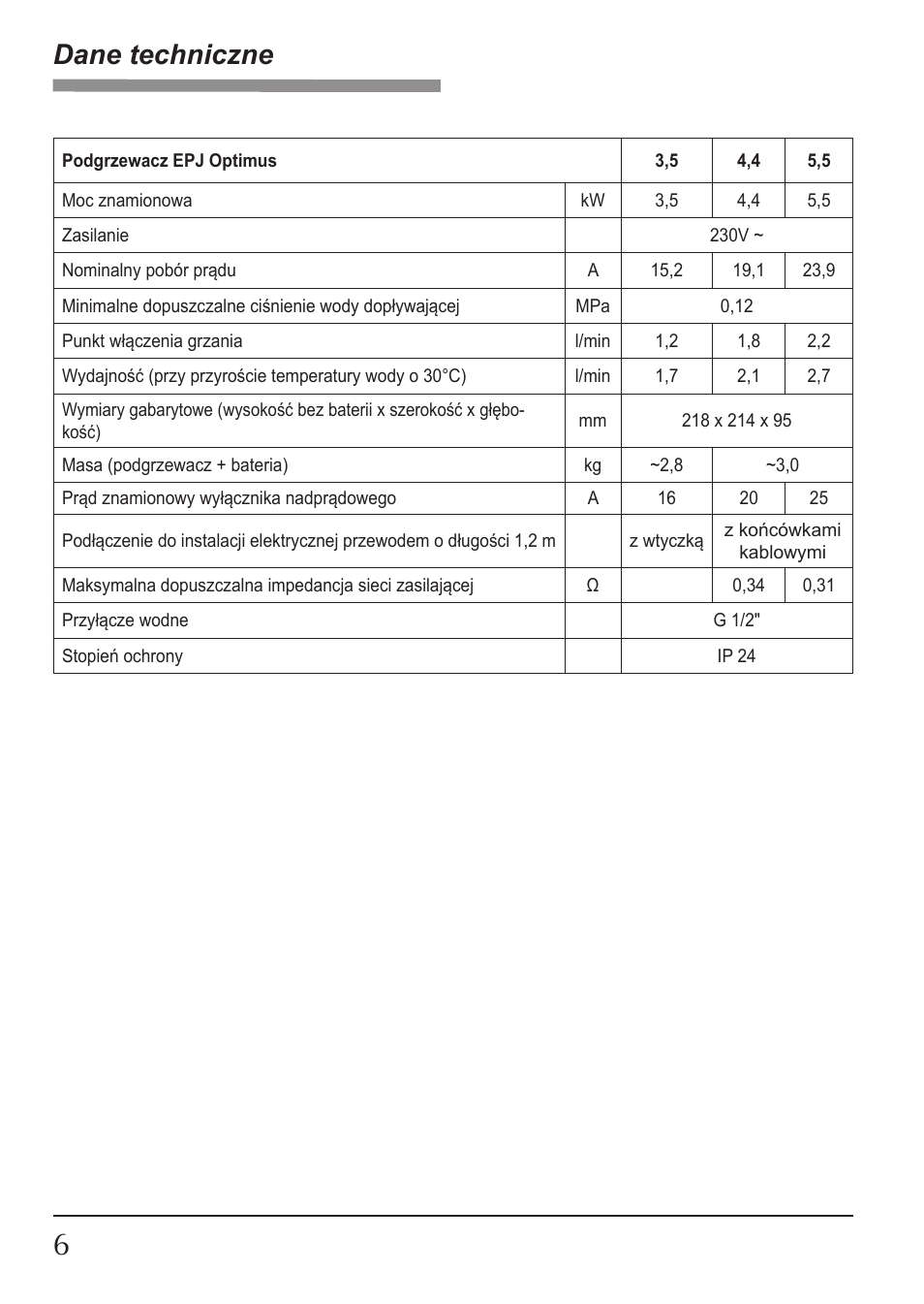 Dane techniczne | KOSPEL EPJ Optimus User Manual | Page 6 / 32