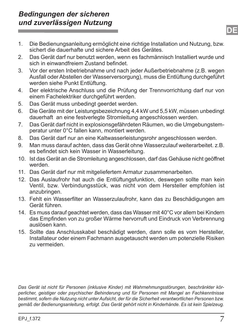 Bedingungen der sicheren und zuverlässigen nutzung | KOSPEL EPJ Optimus User Manual | Page 7 / 32