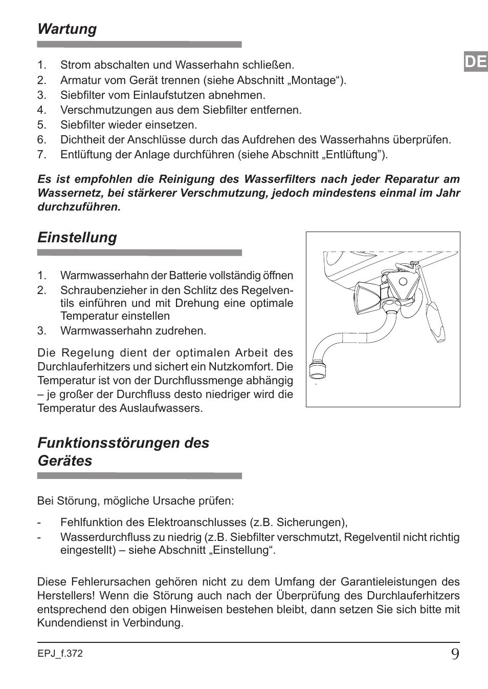 Einstellung, Wartung, Funktionsstörungen des gerätes | KOSPEL EPJ Optimus User Manual | Page 9 / 32