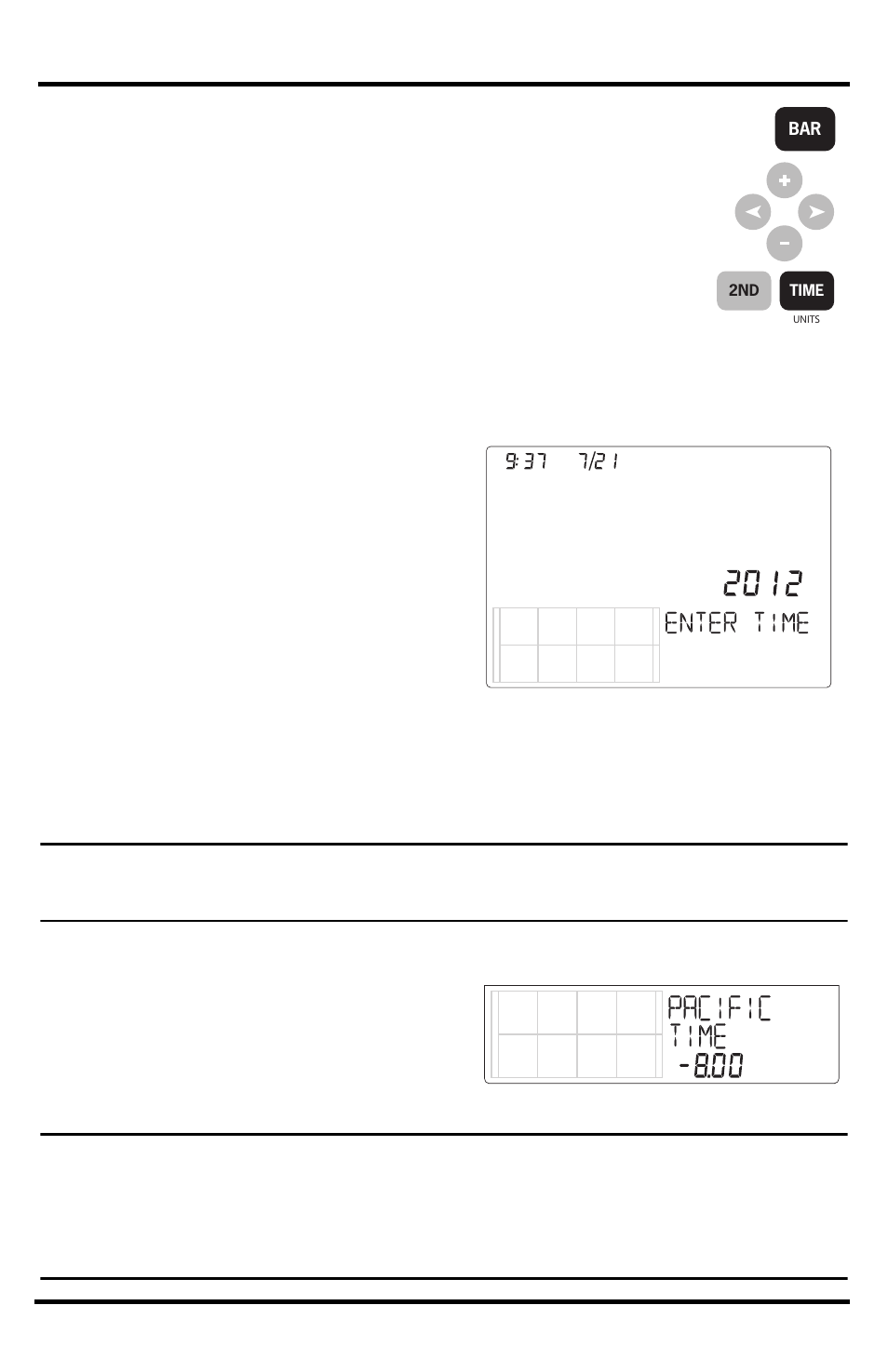 Screen 1: time & date, Screen 2: time zone, Screen 1: time & date screen 2: time zone | DAVIS Vantage Vue Wireless Console Manual User Manual | Page 11 / 56