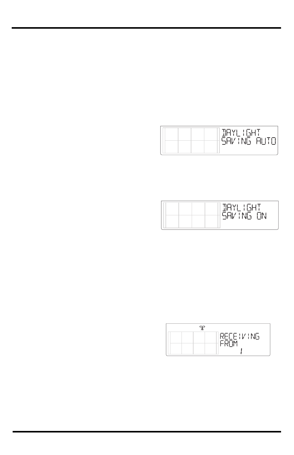 Screen 3: daylight saving settings, Screen 4: daylight saving status, Screen 5: active transmitters | DAVIS Vantage Vue Wireless Console Manual User Manual | Page 12 / 56