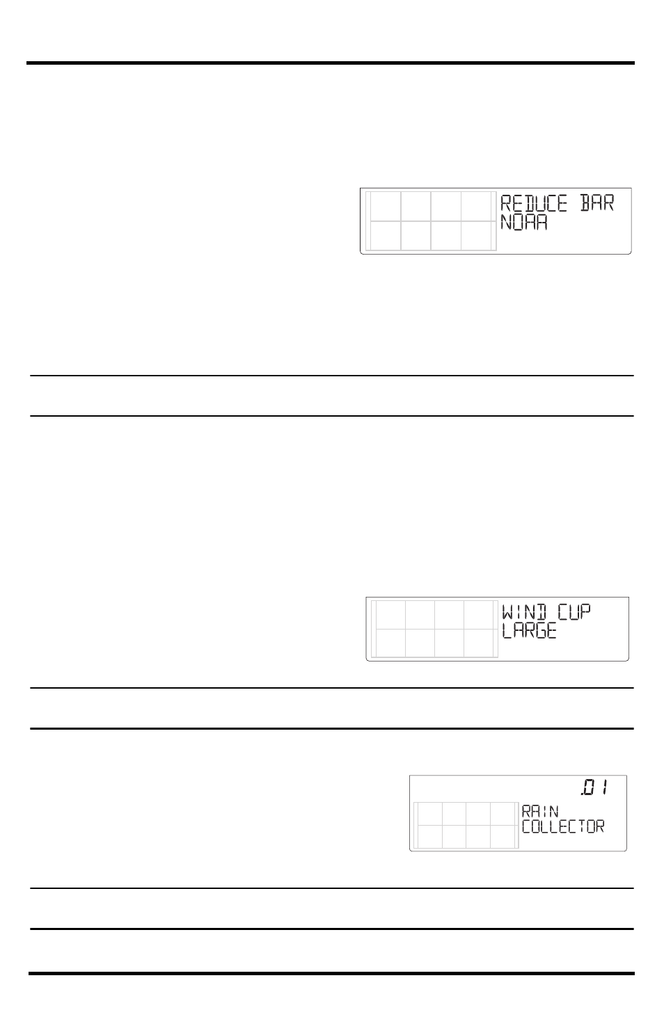 Screen 11: barometric reduction setting, Screen 12: wind cup type (optional), Screen 13: rain collector | DAVIS Vantage Vue Wireless Console Manual User Manual | Page 16 / 56