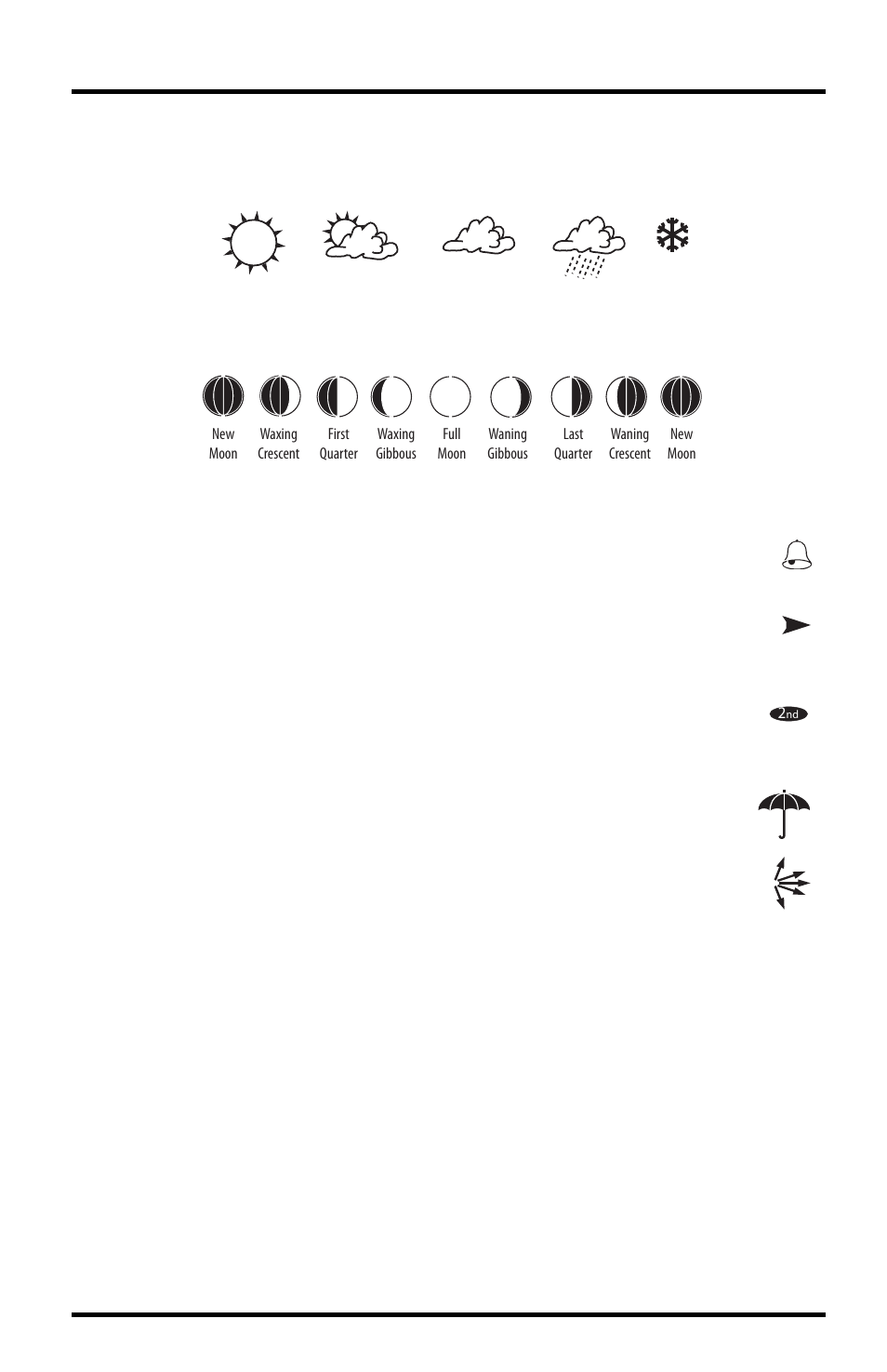 Vantage vue console icons, Forecast, Moon phase | Alarm bell, Graph, Second function, Rain, Barometric pressure trend, Contacting davis technical support | DAVIS Vantage Vue Wireless Console Manual User Manual | Page 56 / 56
