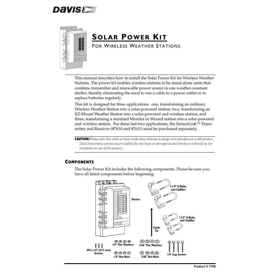 DAVIS Solar Power Kit for Wireless Stations User Manual | 8 pages