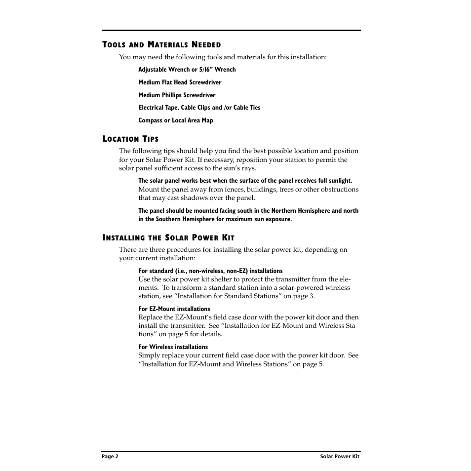 Tools and materials needed, Location tips, Installing the solar power kit | DAVIS Solar Power Kit for Wireless Stations User Manual | Page 2 / 8