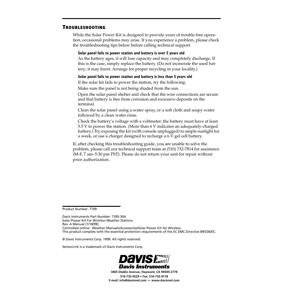 Troubleshooting | DAVIS Solar Power Kit for Wireless Stations User Manual | Page 8 / 8