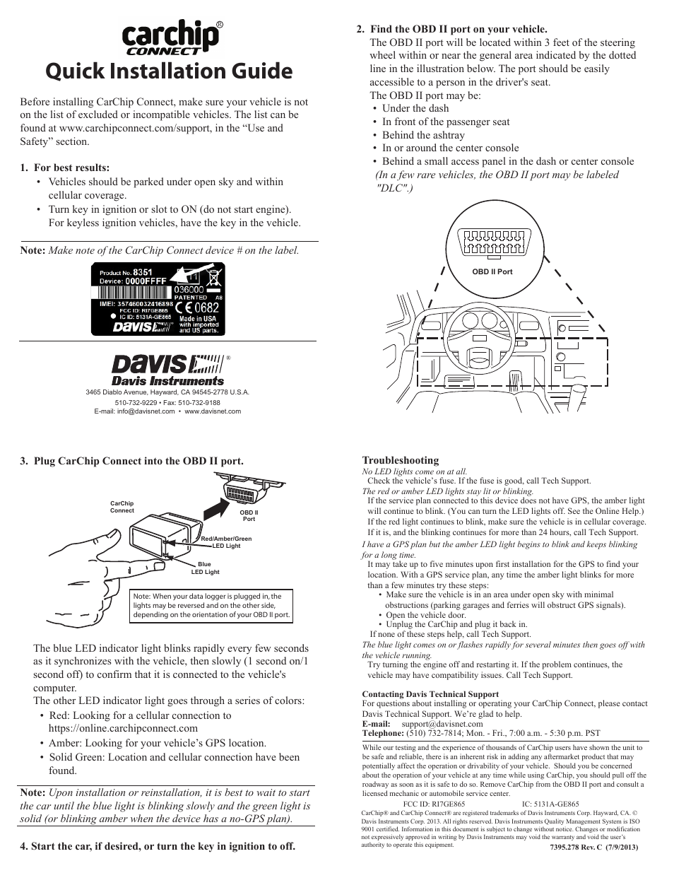 DAVIS CarChip Connect Quick Installation Guide User Manual | 1 page
