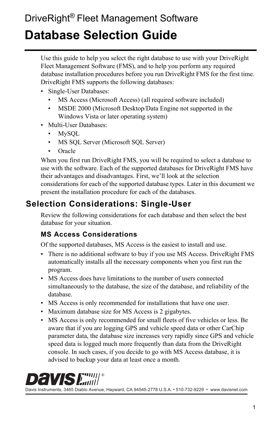 DAVIS FMS DriveRight Database Selection Guide (8186) User Manual | 20 pages