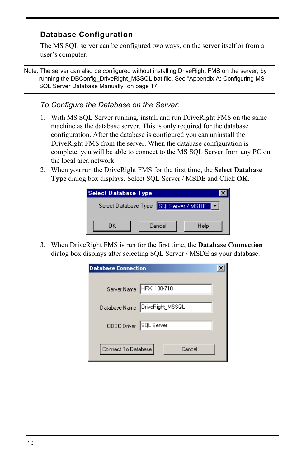 Database configuration, To configure the database on the server | DAVIS FMS DriveRight Database Selection Guide (8186) User Manual | Page 10 / 20