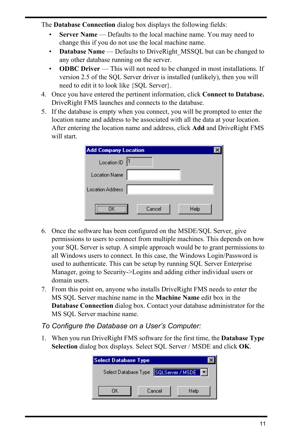 To configure the database on a user’s computer | DAVIS FMS DriveRight Database Selection Guide (8186) User Manual | Page 11 / 20