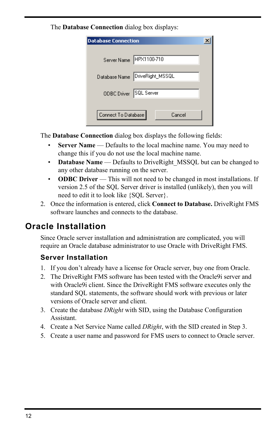 Oracle installation, Server installation | DAVIS FMS DriveRight Database Selection Guide (8186) User Manual | Page 12 / 20