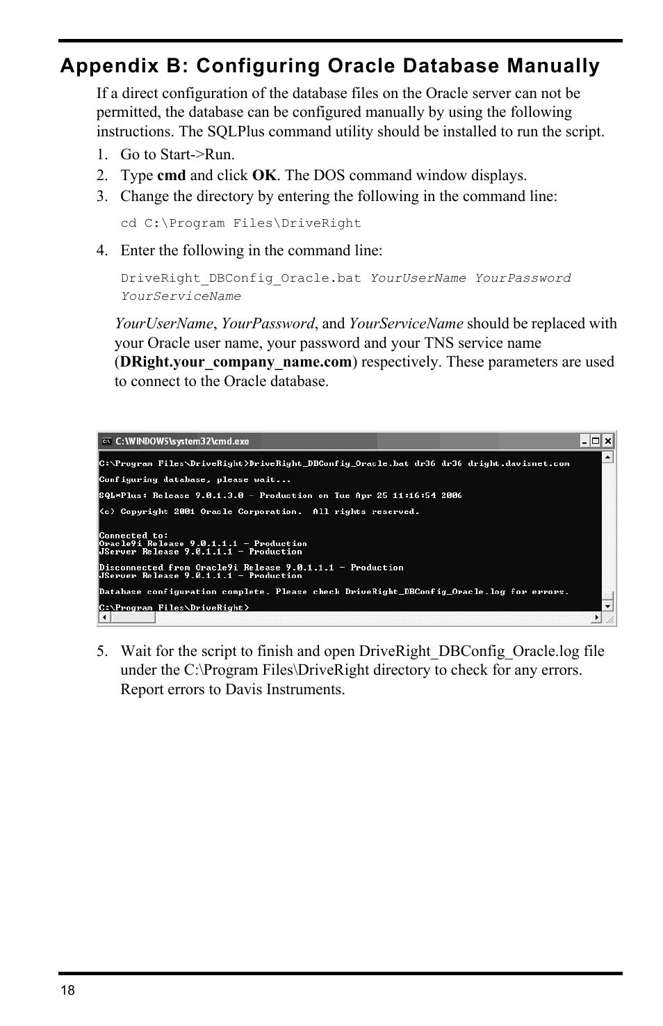 Appendix b: configuring oracle database manually, Cd c:\program files\driveright | DAVIS FMS DriveRight Database Selection Guide (8186) User Manual | Page 18 / 20