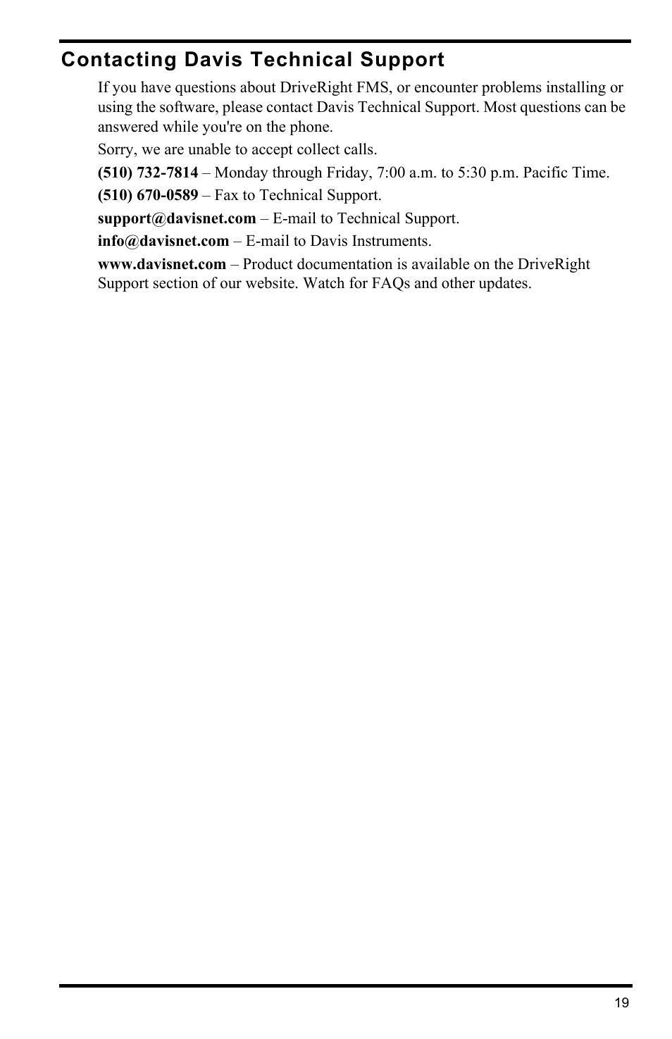 Contacting davis technical support | DAVIS FMS DriveRight Database Selection Guide (8186) User Manual | Page 19 / 20