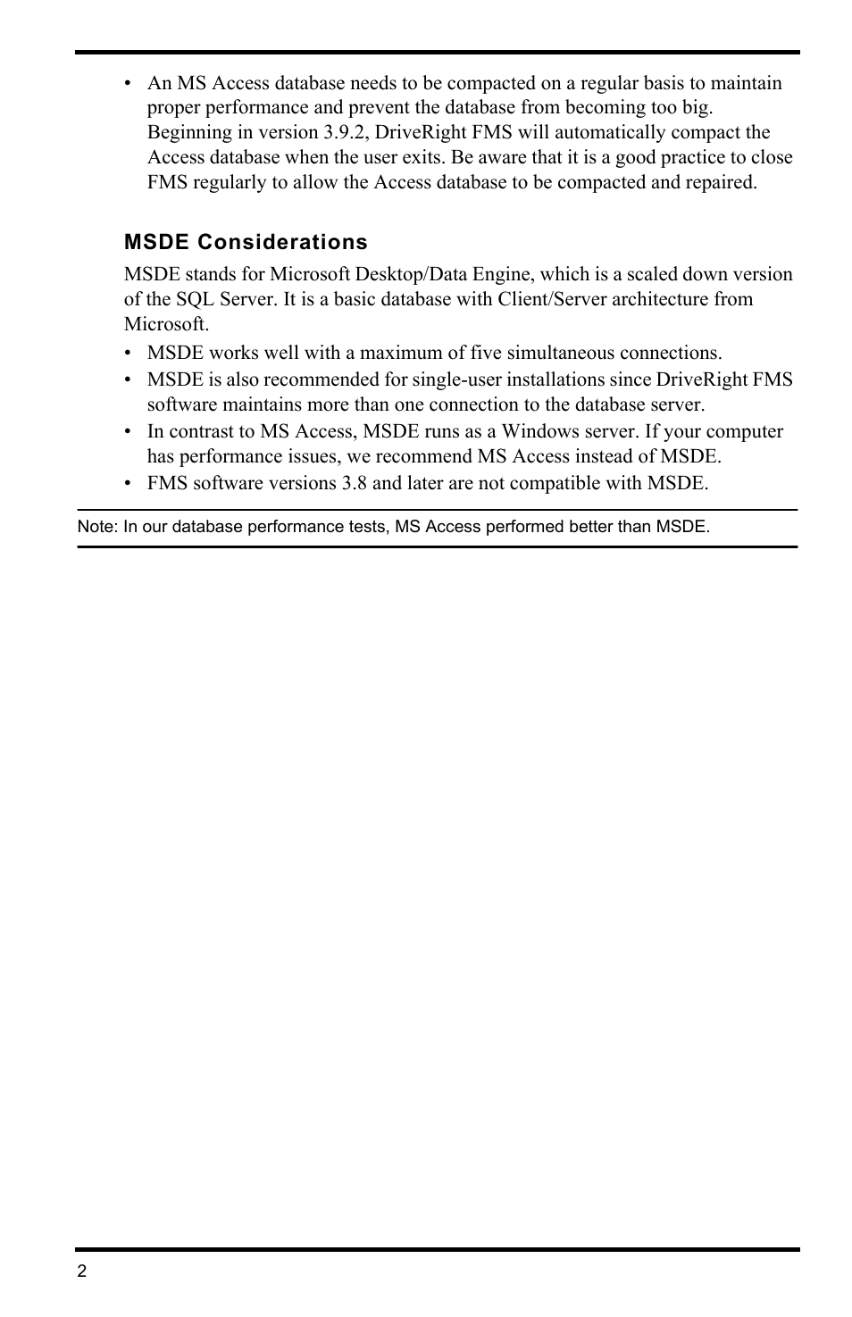 Msde considerations | DAVIS FMS DriveRight Database Selection Guide (8186) User Manual | Page 2 / 20