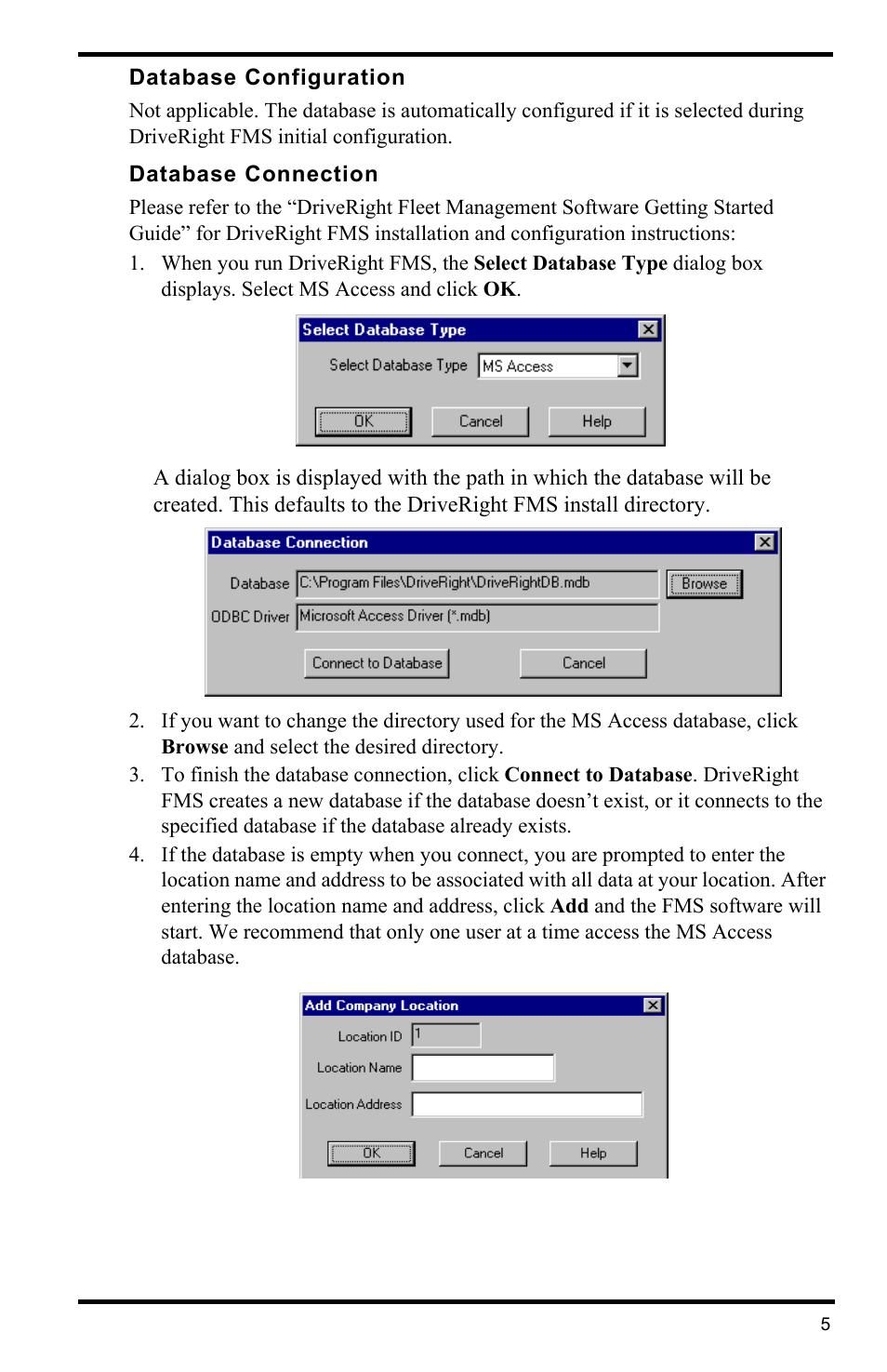 Database configuration, Database connection | DAVIS FMS DriveRight Database Selection Guide (8186) User Manual | Page 5 / 20