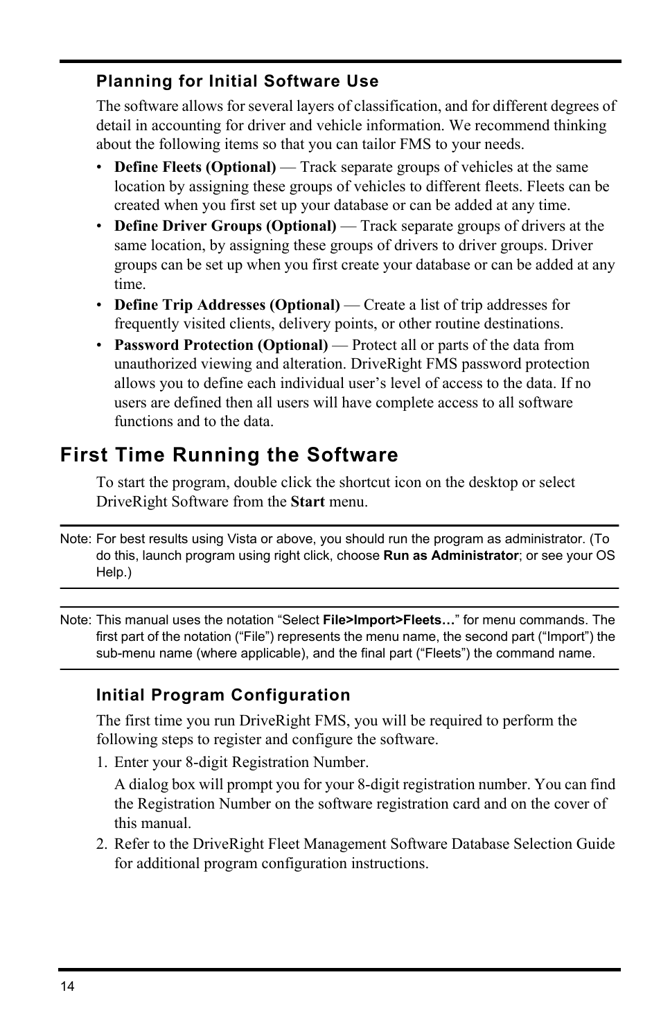 Planning for initial software use, First time running the software, Initial program configuration | DAVIS FMS DriveRight Getting Started Guide (8186) User Manual | Page 18 / 24