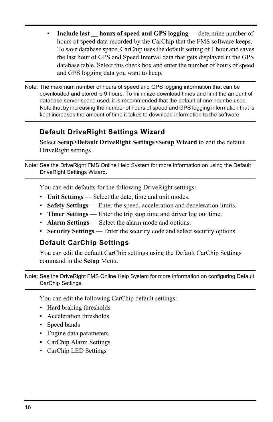 Default driveright settings wizard, Default carchip settings | DAVIS FMS DriveRight Getting Started Guide (8186) User Manual | Page 20 / 24