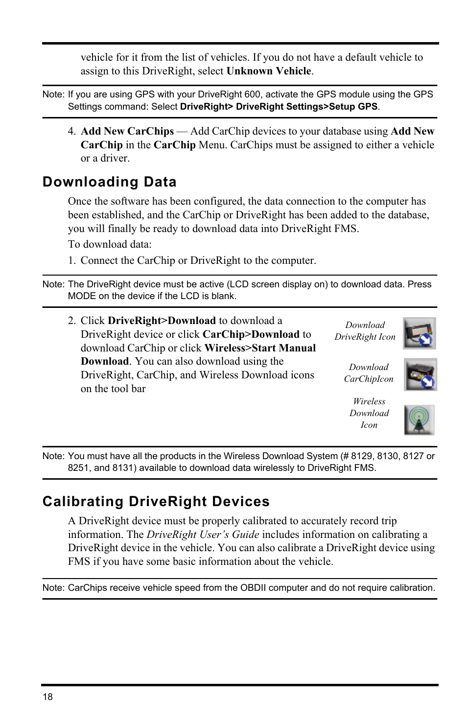 Downloading data, Calibrating driveright devices, Downloading data calibrating driveright devices | DAVIS FMS DriveRight Getting Started Guide (8186) User Manual | Page 22 / 24